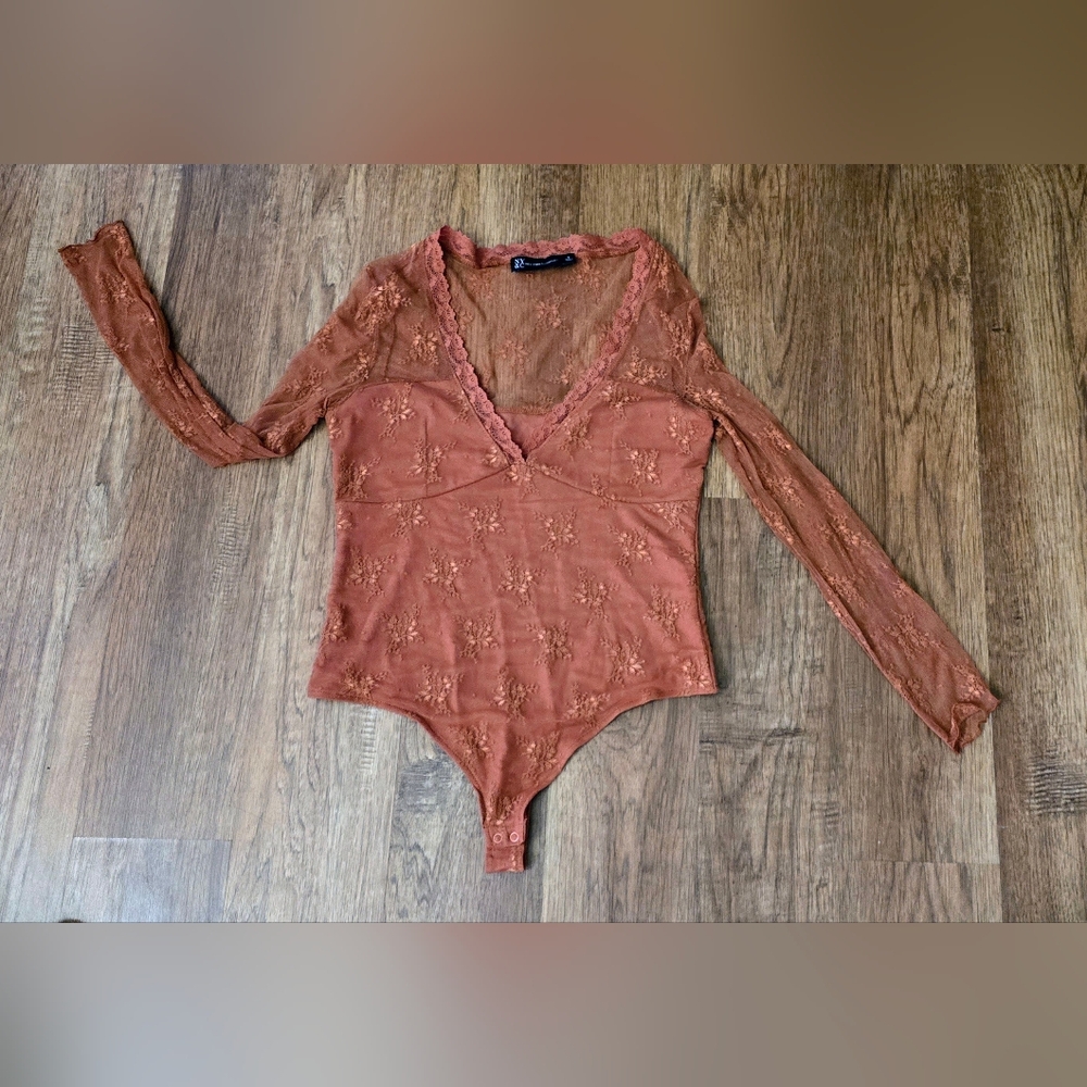 New York & Company Lace Bodysuit in Rust
